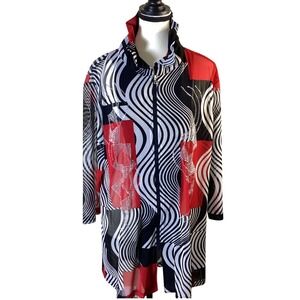 Valentina Vintage Mesh Beaded Tunic, Size XL, Red Black White Zip‑Up Top